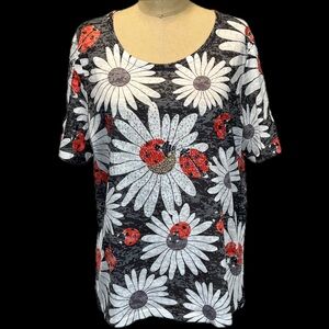 VINTAGE ladybug sparkle beaded short sleeve top shirt daisy floral flower garden